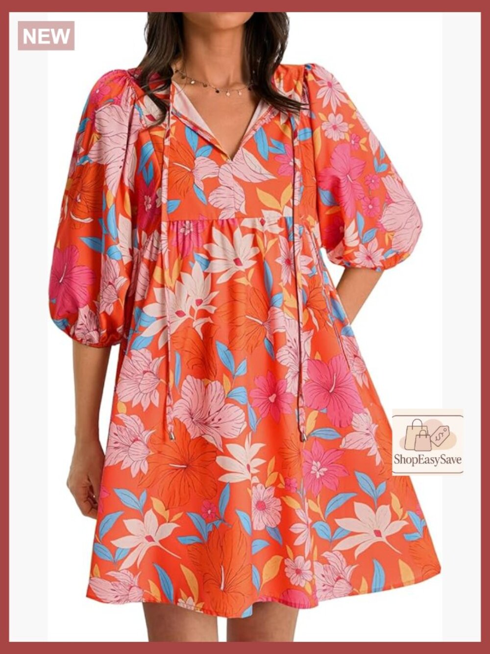 Floral Mini Babydoll Dress Boho V Neck Puff Sleeve Loose Fit Sundress with